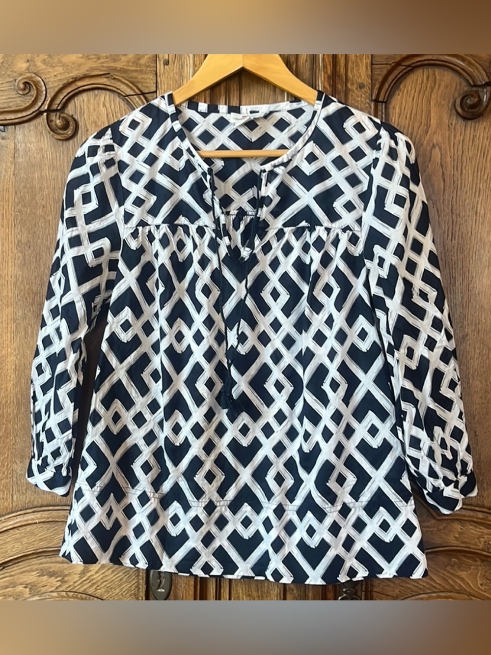 VINEYARD VINES 3/4 SLEEVES LATTICE COTTON TUNIC TOP TASSELS TIES
